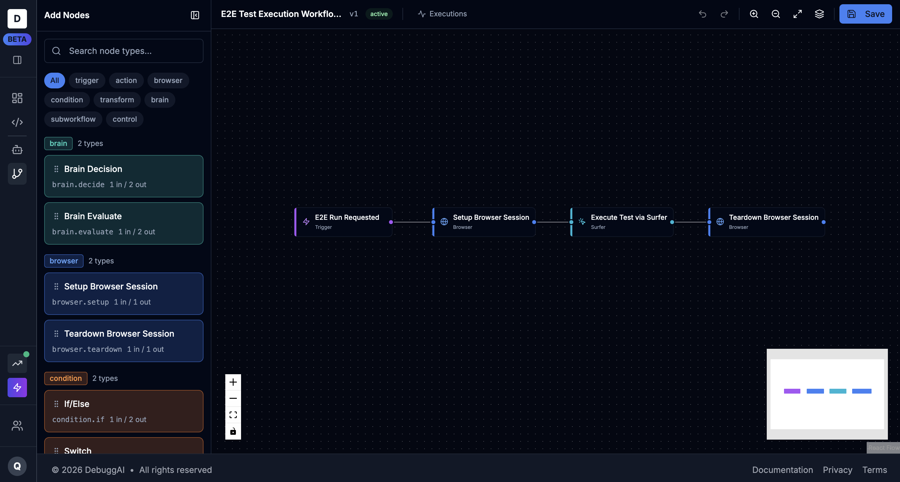 Visual workflow canvas showing a 4-node E2E test pipeline: Trigger, Setup Browser Session, Execute Test via Surfer, Teardown